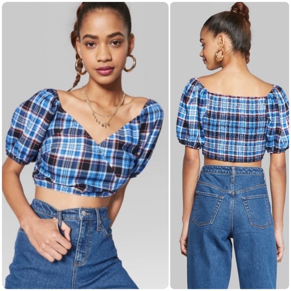 Wild Fable Plaid Puff Sleeve Crop Top